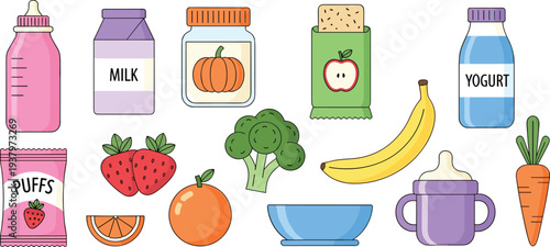 Baby Food and Healthy Toddler Snack Set Featuring Purée Jars Fresh Fruit Vegetables Milk and Sippy Cup