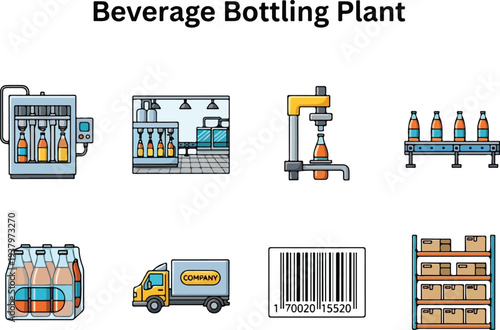 Cartoon illustrations depict stages of a beverage bottling plant including machinery conveyor truck barcode and storage