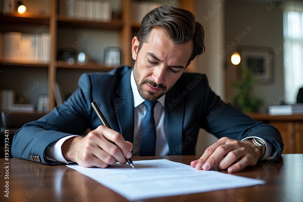 Obraz premium Lawyer diligently reviewing and mediating contract document at desk with focused expression