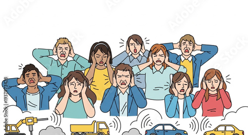 Group of people covering ears from loud noise pollution and construction sounds.