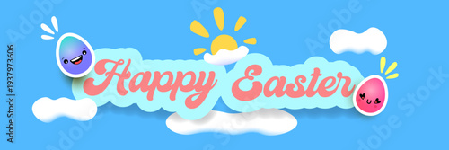 Happy Easter horizontal banner with cute smiling egg character. Funny easter cartoon illustration with sun and clouds on blue sky background for kids holiday celebration. Vector graphic art.