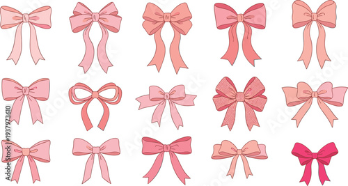 Elegant Pink Ribbon and Bow Collection Featuring 15 Hand-Drawn Gift and Fashion Accessory Styles