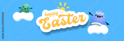 Happy Easter horizontal banner with cute smiling egg character. Funny easter cartoon illustration with sun and clouds on blue sky background for kids holiday celebration. Vector graphic art.