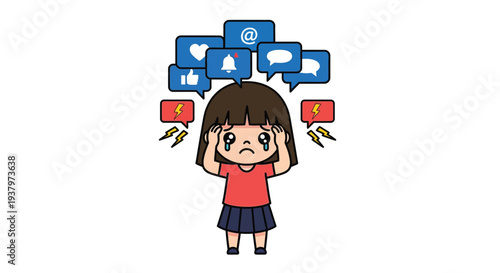A stressed cartoon girl surrounded by social media icons on a clean white background with a frustrated expression.