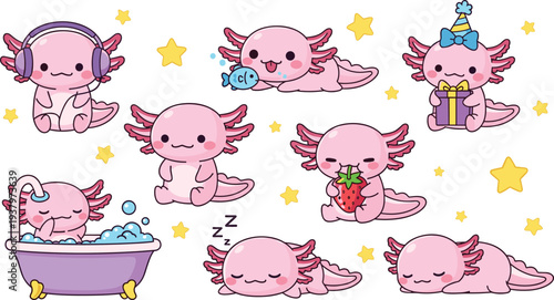 Kawaii Pink Axolotl Character Sticker Set Featuring Music Birthday Bath and Sleeping Poses