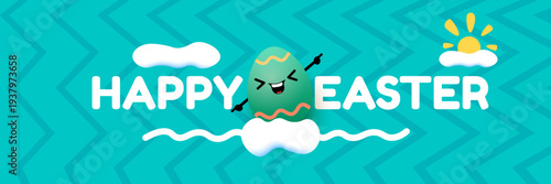 Happy Easter horizontal banner with cute smiling egg character. Funny easter cartoon illustration with sun and clouds on blue sky background for kids holiday celebration. Vector graphic art.