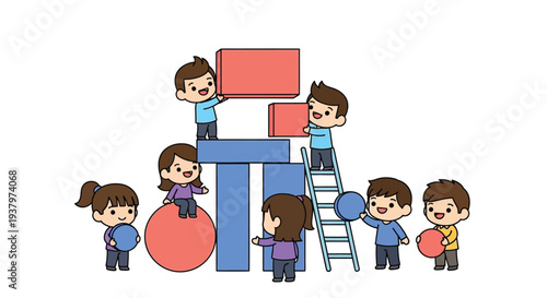 A group of six cartoon children playing and building with colorful blocks and shapes on a white background.