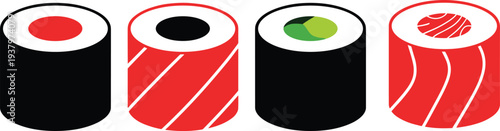 Japanese Sushi Roll Vector Set with Maki and Nigiri Illustrations Featuring Salmon Tuna and Avocado for Restaurant Menu Asian Cuisine and Food Blog Design