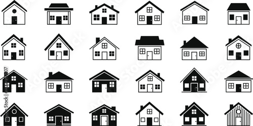 Large collection of black flat house and home vector icons including various residential building styles isolated on white background for real estate design.