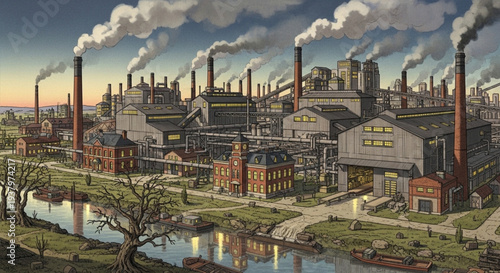 Vintage Industrial Factory Scene with Smoke Stacks and River.