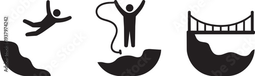 Extreme sport silhouettes featuring bungee jumping cliff diving and suspension bridge over water