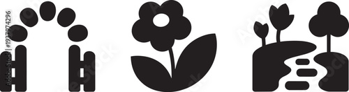 Garden landscape design elements featuring floral arch flower bloom and scenic river park scene