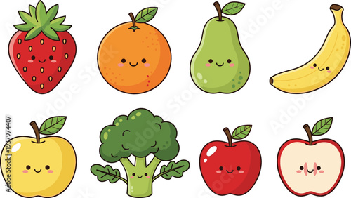 Cute Kawaii Fruit and Vegetable Character Set with Strawberry, Orange, Pear, Banana, Apple and Broccoli Cartoon Vector Illustration Collection