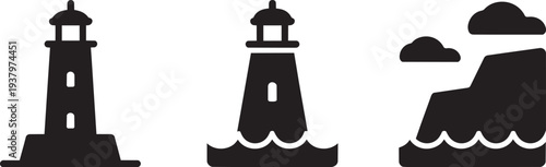 Lighthouse icon set representing coastal navigation marine safety travel and ocean exploration