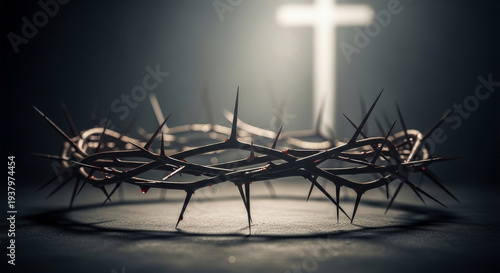 Striking Close-up of a Thorny Crown Symbolizes Sacrifice and Redemption, Against a Blurred Cross Backdrop