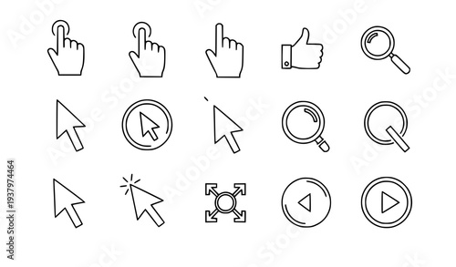 Mouse cursor gesture outline icons finger click thumb up magnifier vector