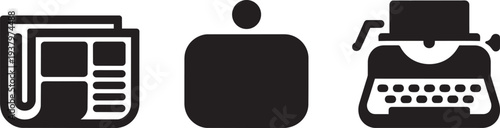 Newspaper, person, and typewriter icons set for news, journalism, and writing