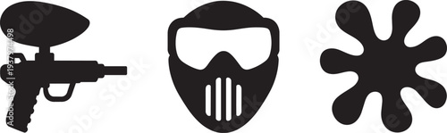 Paintball gun, mask, and splatter icons set representing combat sport and game