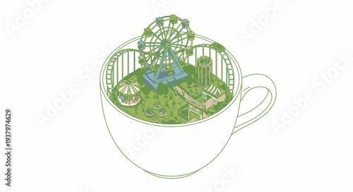 Amusement Park Inside a Teacup, Miniature World Illustration