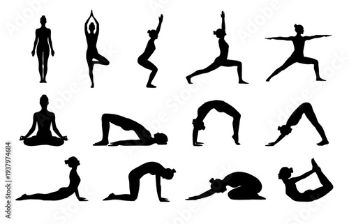 Yoga Poses Silhouettes Set. Women Yoga Asanas Vector Collection.