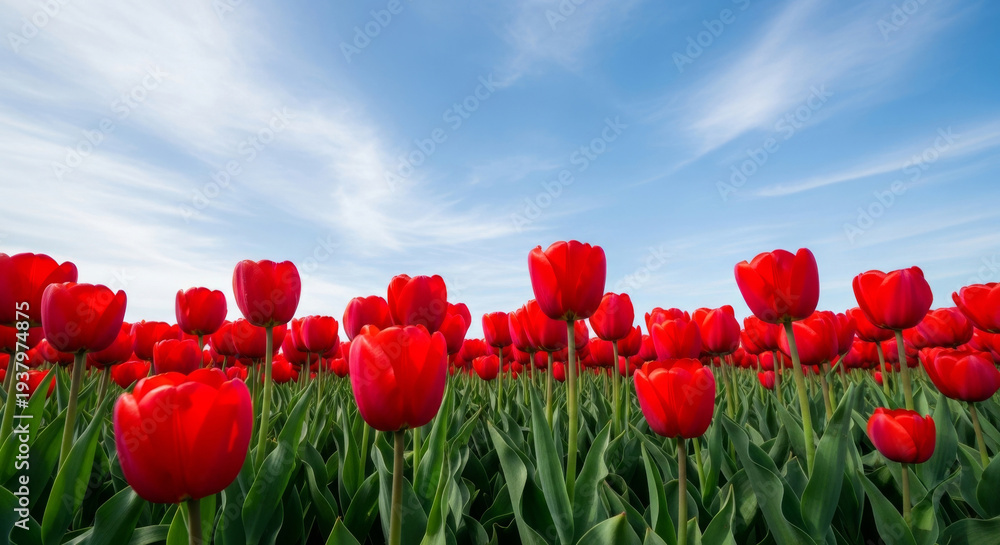 Fototapeta premium Vibrant Field of Red Tulips Against a Clear Blue Sky, Creating a Floral Landscape in Spring