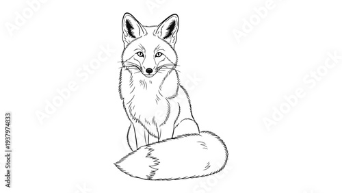 Fox in a minimalist style: a detailed monochrome illustration, an elegant fox sits, poised in a state of watchful attention. capturing the subtle textures and graceful contours. 
