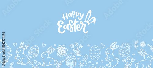 happy easter with hand drawn bunnies, eggs and flowers. beautiful easter background design vector illustration