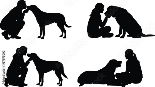 Silhouette illustrations of person bonding with dog in affectionate poses, showing love, companionship, friendship, loyalty, emotional connection, pet care, and human-animal relationship.