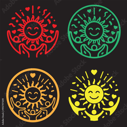 Set of four colorful circular icons featuring a happy crowd raising hands to a smiling sun with hearts.