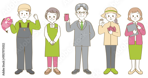 社会で働く人物のベクターイラスト素材／スーツ／会社員／生産／農業／事務／販売／全身／主線あり