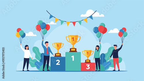 Joyful people celebrating success on a winner's podium with trophies, balloons, and banners, symbolizing achievement, victory, and recognition in competition.