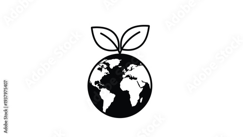 Simple black and white icon of Earth with two leaves, symbolizing environmental care, sustainability, ecological awareness, and global green initiatives.