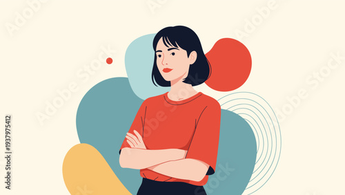 Confident young woman with her arms crossed, exuding strength and self-assurance on an abstract background, symbolizing female empowerment and leadership.