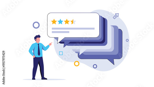 Businessman indicating a three-star customer review in a speech bubble, symbolizing client feedback, product rating, and the importance of service improvement.