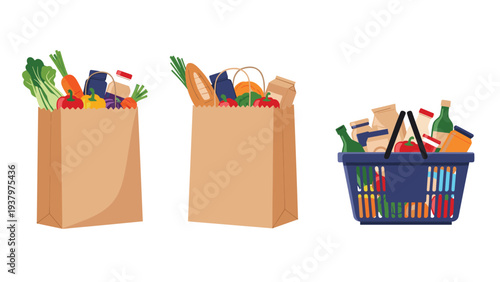 Assortment of fresh groceries in two paper bags and a shopping basket, symbolizing food shopping, healthy eating, and sustainable consumer choices.