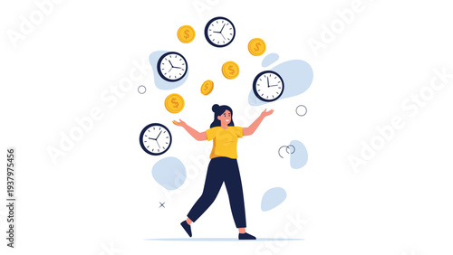 Resourceful woman skillfully juggling multiple clocks and dollar coins, symbolizing effective time management, financial planning, and balancing work-life responsibilities.