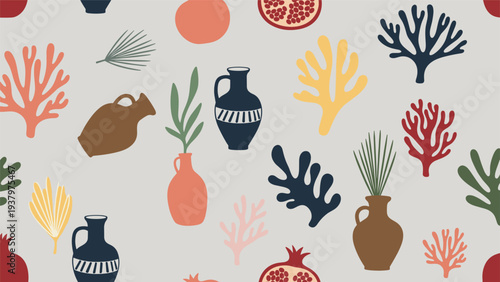 Elegant seamless pattern featuring Mediterranean-inspired elements such as coral, diverse plants, pomegranates, and artistic vases, perfect for textile and wallpaper design.