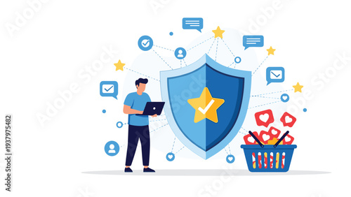 Confident man ensuring online security and data protection with a laptop and shield, surrounded by social media icons, symbolizing safe digital commerce and privacy.