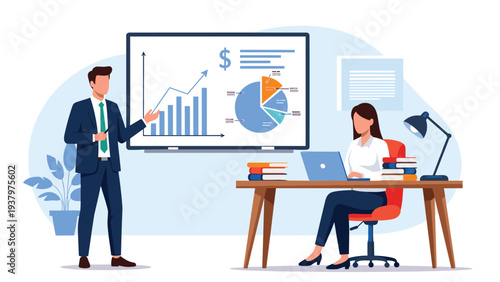 Professional business setting with a man presenting financial charts on a large screen, while a woman efficiently works on her laptop at a nearby desk.