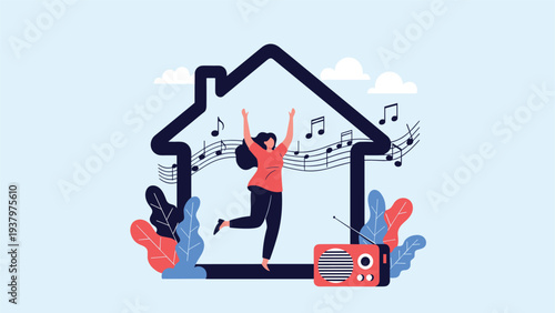 Joyful woman happily dancing and listening to music inside a house outline, surrounded by musical notes and a radio, symbolizing home entertainment and well-being.