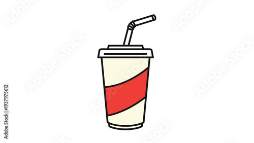 Classic disposable soda cup with a red label and a bent straw, symbolizing refreshments, fast food, beverages, and convenient grab-and-go drinks.
