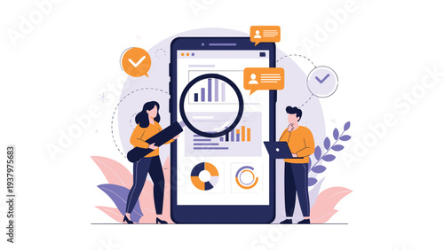 Collaborative team diligently analyzing market data and performance metrics on a large smartphone screen, symbolizing mobile analytics, business growth, and digital strategy.