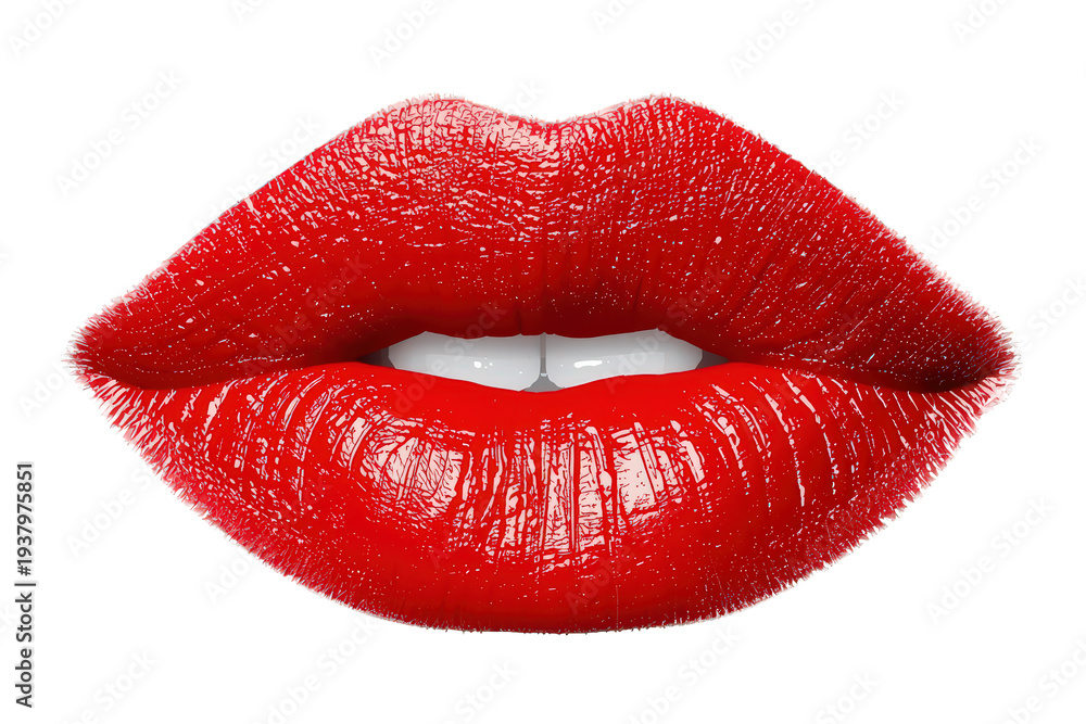 Fototapeta premium Red glossy lips smiling, showing white teeth, expressing beauty, sensuality, makeup, and femininity on transparent background