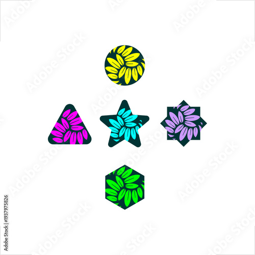 Botanical leaf pattern arranged in four geometric shapes — circle, star, triangle, hexagon — designed in flat organic style, ideal for wellness, eco, and herbal brand identity