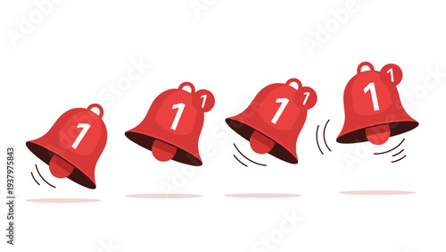 Dynamic set of four red bell icons with a "1" notification, showing active movement, symbolizing new alerts, urgent messages, and important notifications.