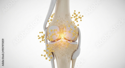 Detailed Illustration of a Human Knee Joint, Showcasing Cartilage, Ligaments, and Molecular Structures Around the Joint