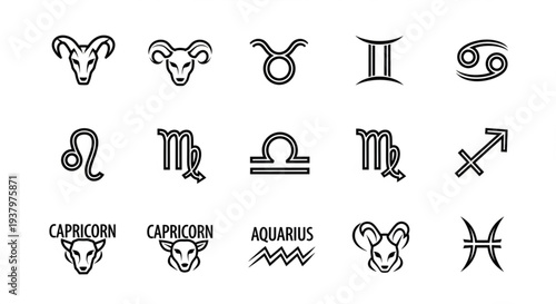 Collection of Zodiac Signs Astrology Symbols and Icons.