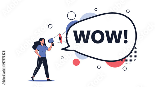 Enthusiastic woman exclaiming "WOW!" into a megaphone, symbolizing excitement, surprise, amazing news, and impactful public announcement for marketing or events.
