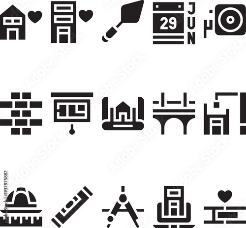 Construction and Architecture Glyph Icon Set, Set of Construction and Architecture Glyph Icons Vector Illustration