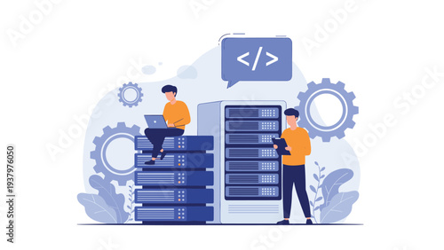 Dedicated men working with computer servers, one coding on a laptop, surrounded by gears and a code icon, symbolizing IT management, data center operations, and web development.